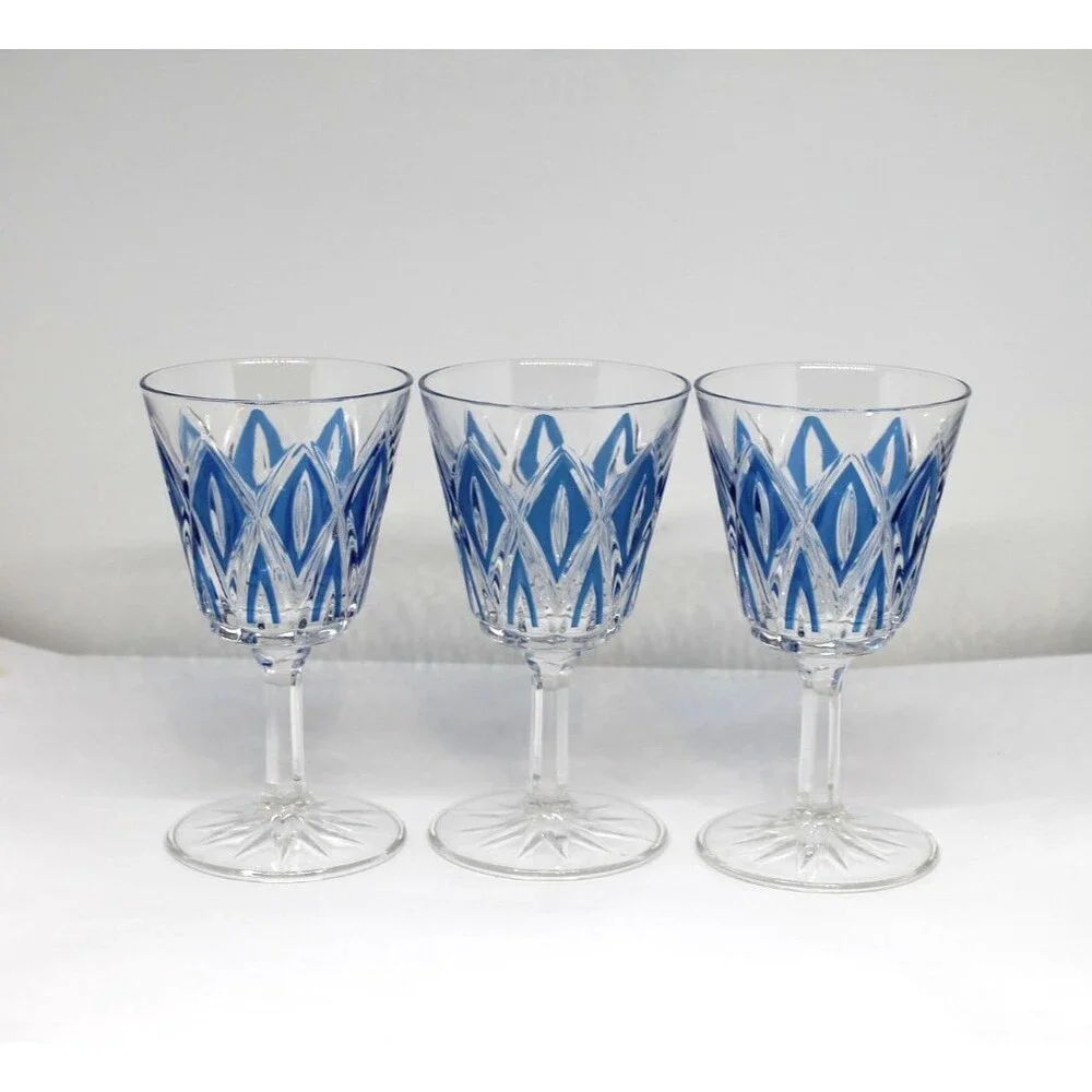 50’s MCM French Diamond Cut Crystal Wine Glasses by VMC Reims S/3 Blue